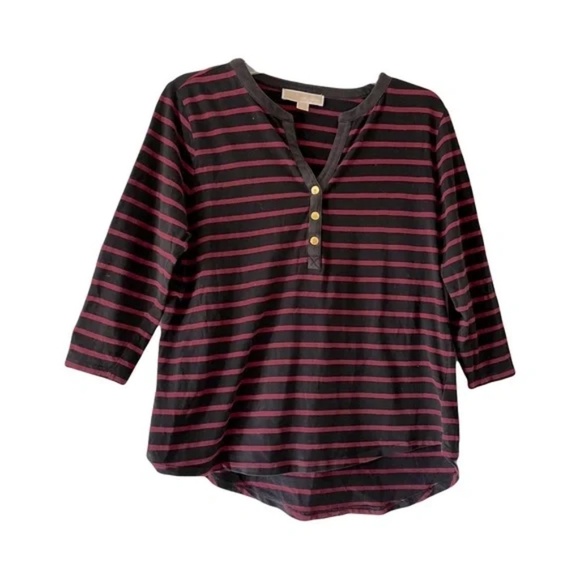 Michael Kors | Burgundy Black Striped Cotton V-Neck Henley Tee, Large - Picture 1 of 6